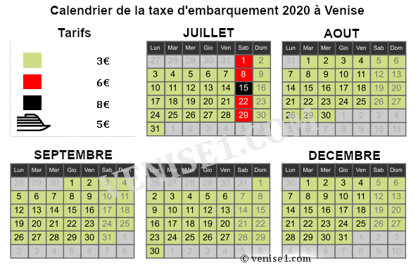 calendrier taxe de débarquement 2020 à Venise