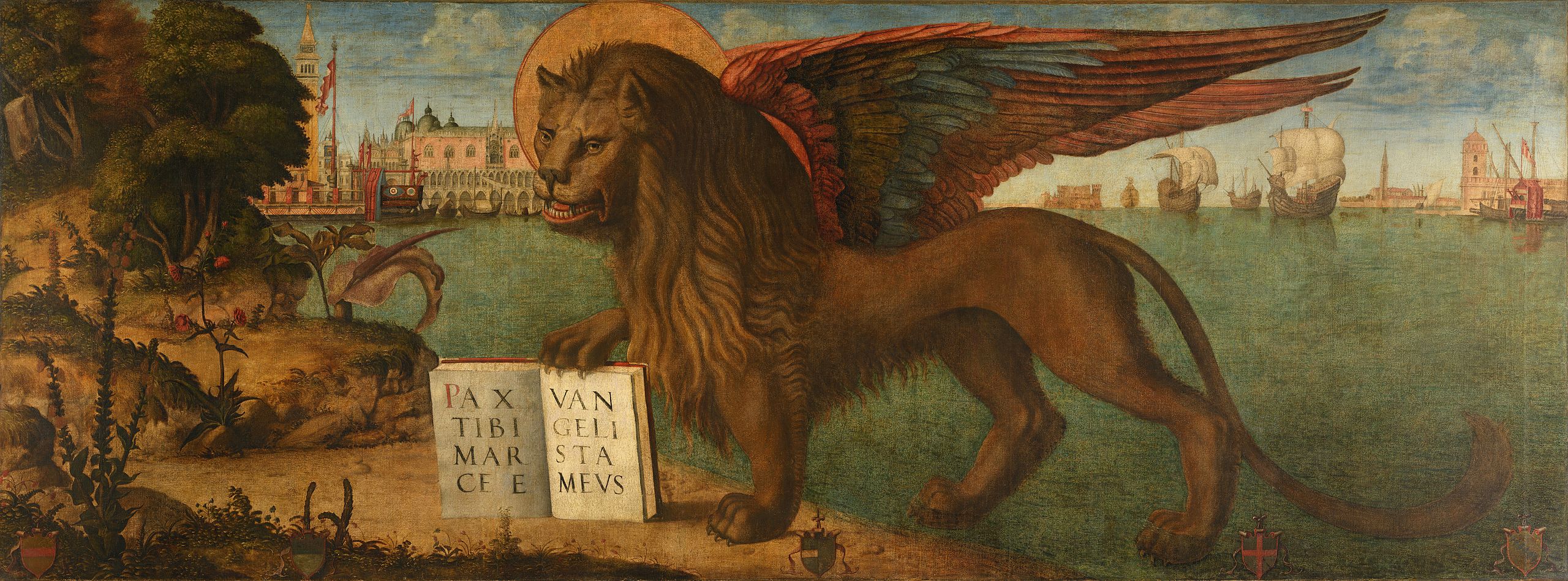 Lion De Saint-Marc Ailé Sculpture Ancienne - Laiton Et Marbre - Déco Venise Vintage