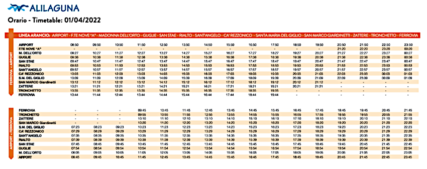 Horaires Alilaguna Arancio