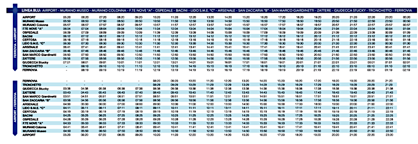 Horaires Alilaguna ligne Blu