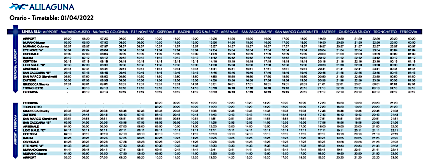 Horaires Alilaguna ligne Blu