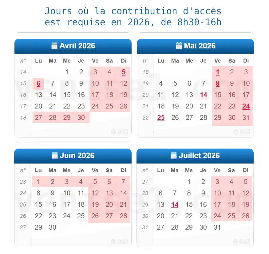 calendrier de la contribution d'accès 2026 à Venise